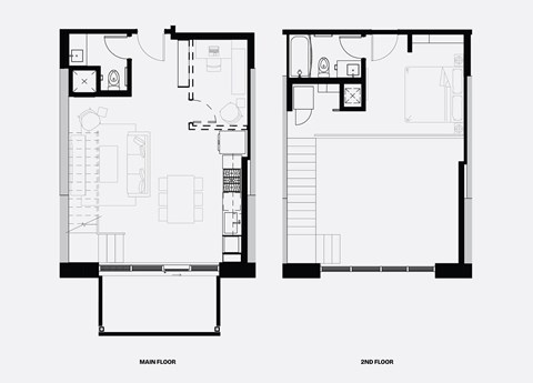 A black and white image of a floor plan for a two-story building.